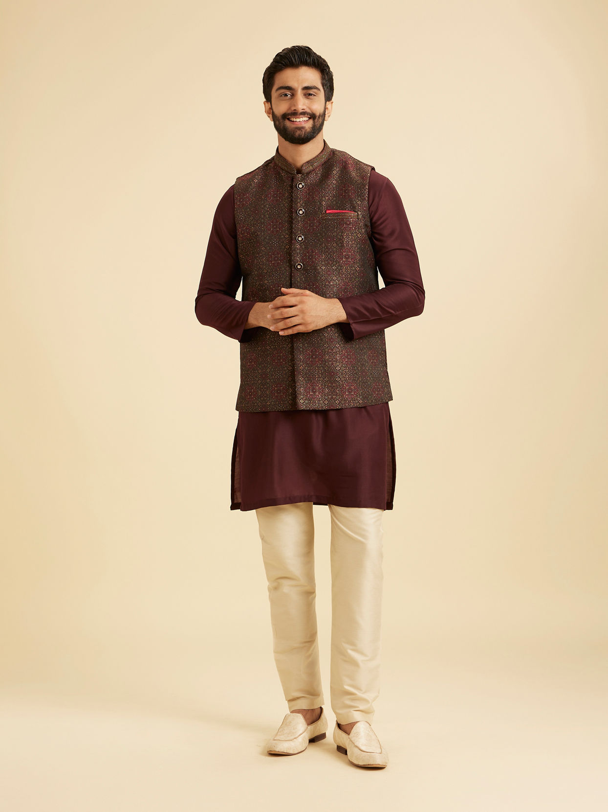 Manyavar Men Elegant Brown Brocade Nehru Jacket