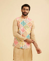 Manyavar Men Beige Cotton Elegance Nehru Jacket