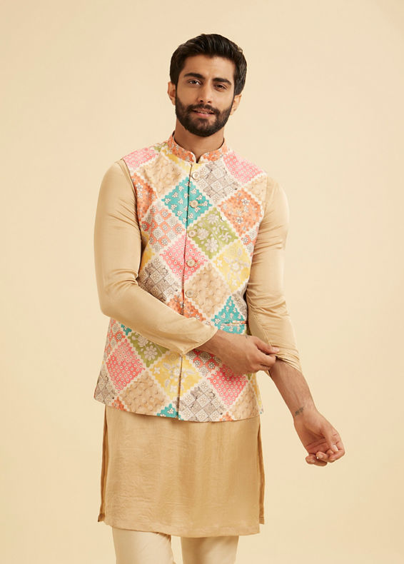 Manyavar Men Beige Cotton Elegance Nehru Jacket