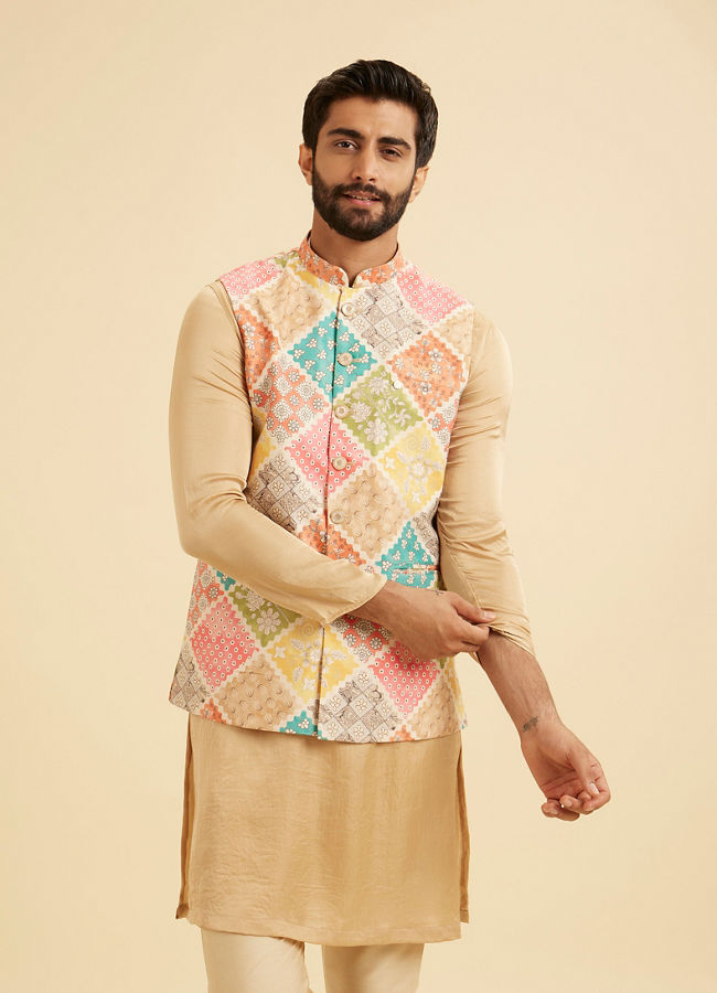 Manyavar Men Beige Cotton Elegance Nehru Jacket