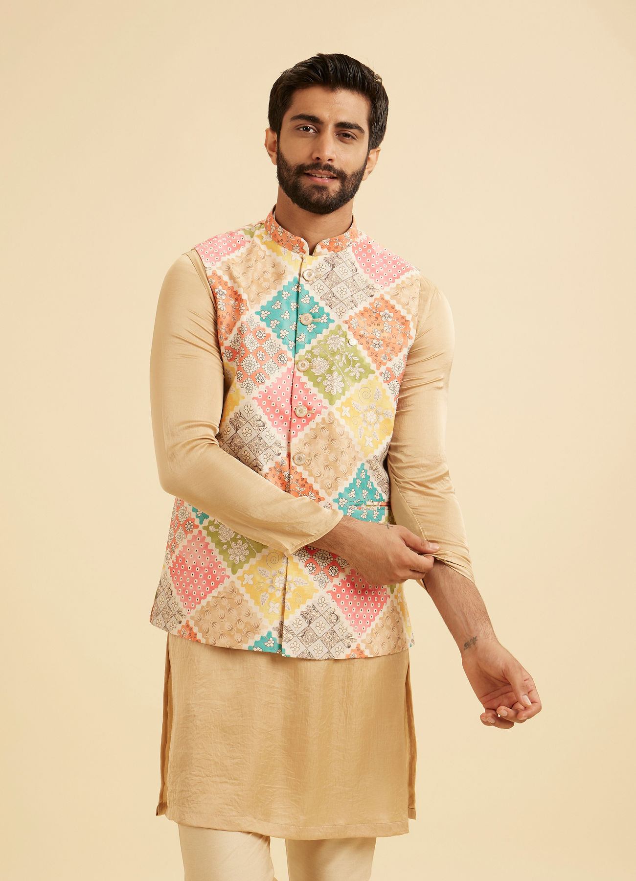 Manyavar Men Beige Cotton Elegance Nehru Jacket