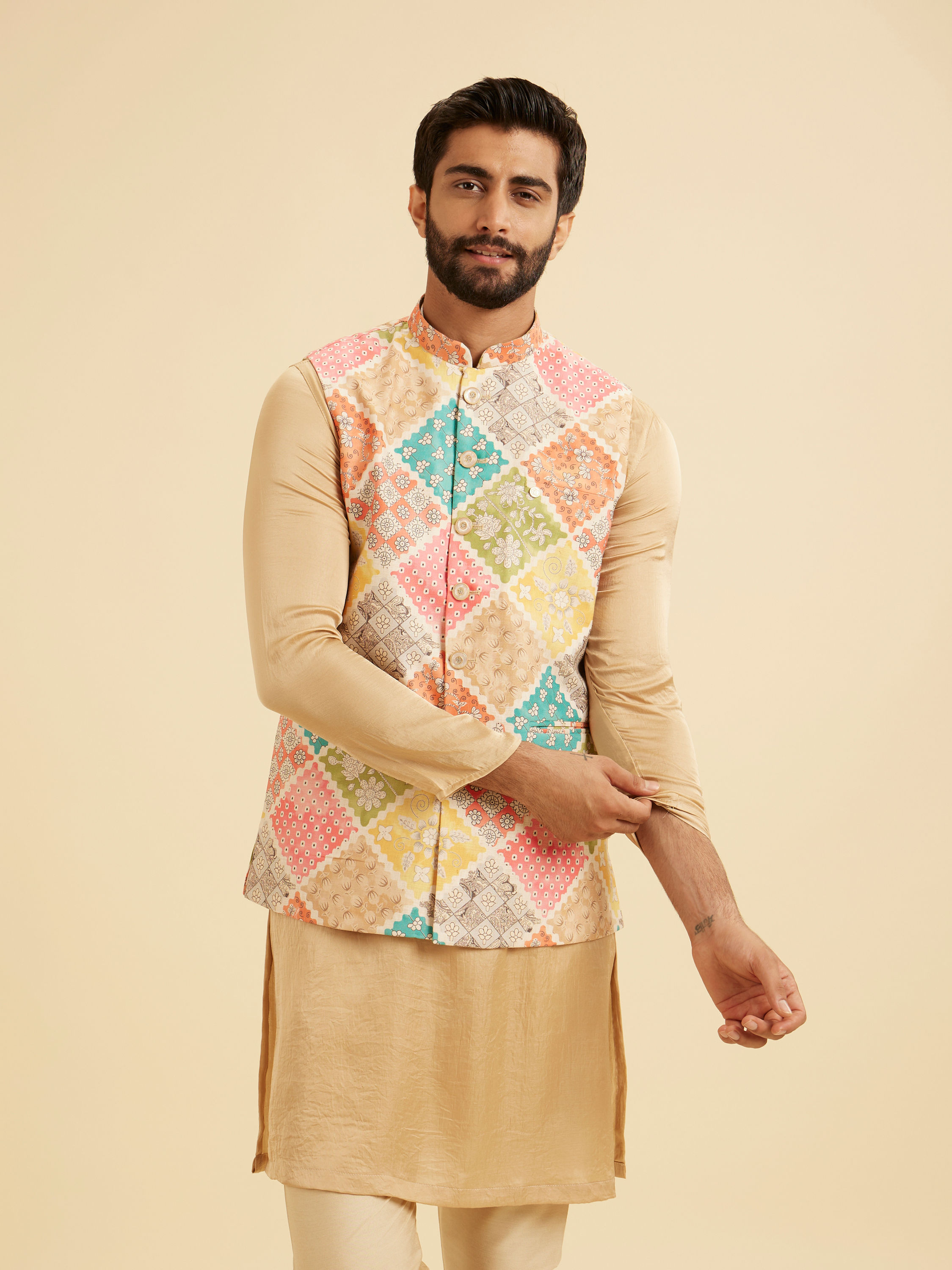 Manyavar Men Beige Cotton Elegance Nehru Jacket