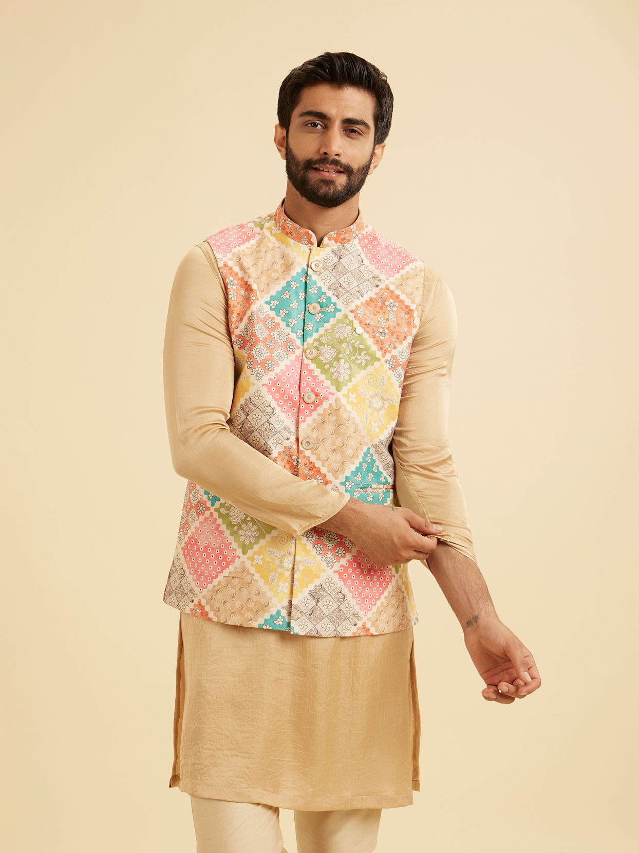 Manyavar Men Beige Cotton Elegance Nehru Jacket