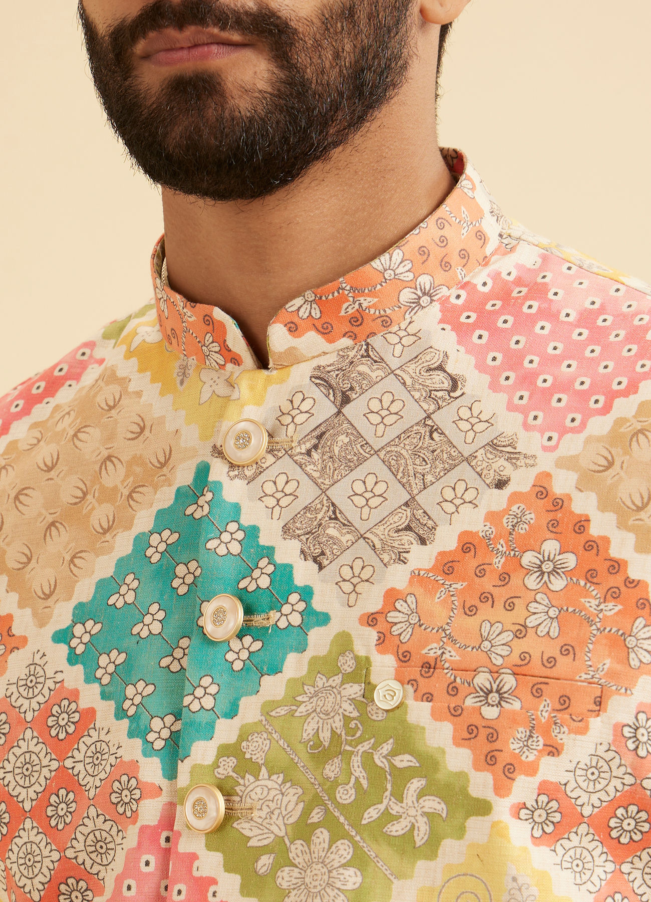 Manyavar Men Beige Cotton Elegance Nehru Jacket