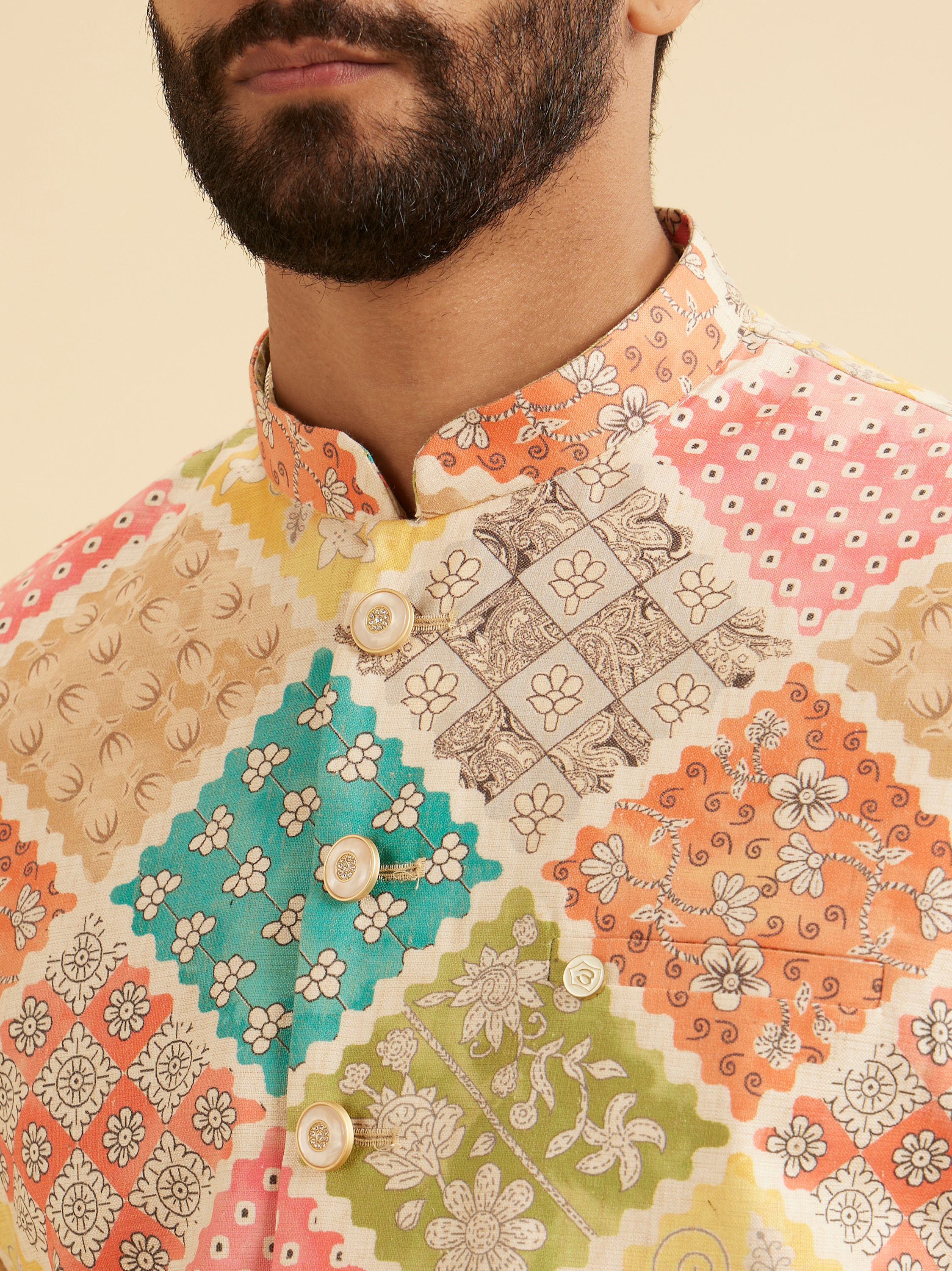 Manyavar Men Beige Cotton Elegance Nehru Jacket