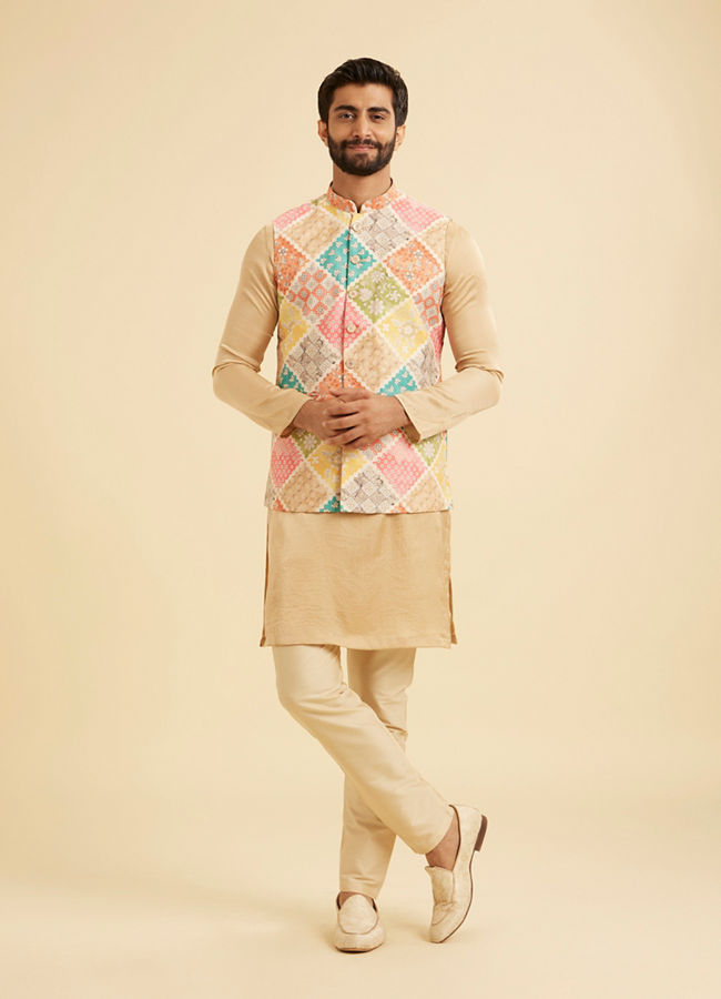 Manyavar Men Beige Cotton Elegance Nehru Jacket