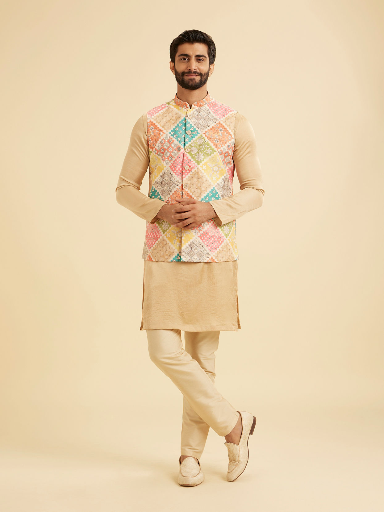 Manyavar Men Beige Cotton Elegance Nehru Jacket