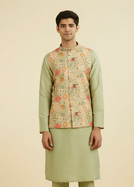 Manyavar Men Elegant Pista Green Nehru Jacket