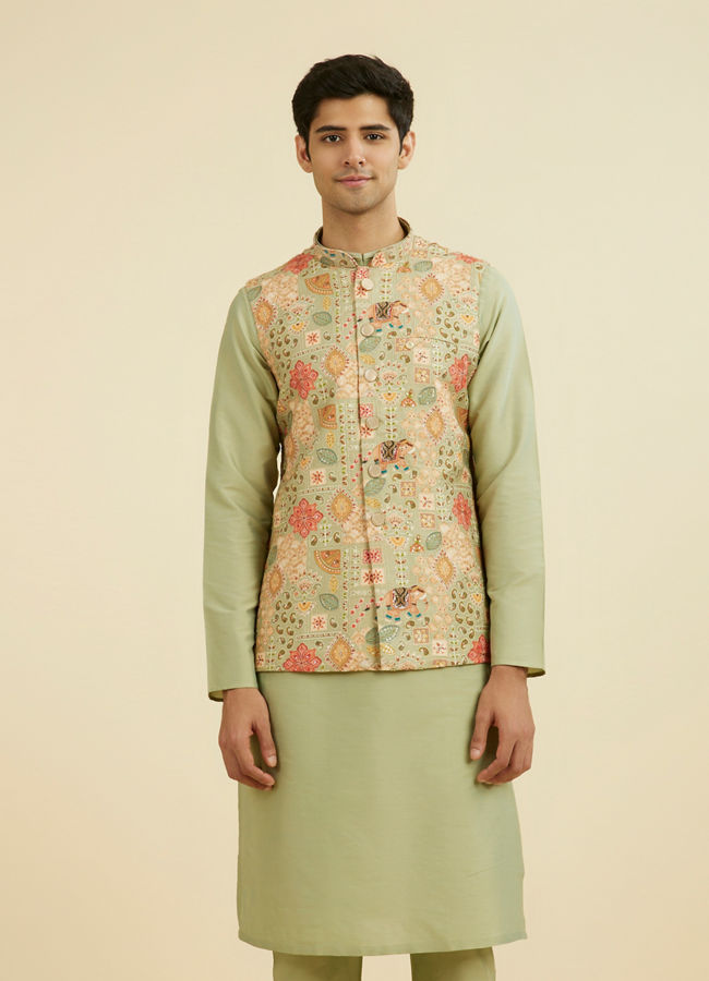 Manyavar Men Elegant Pista Green Nehru Jacket