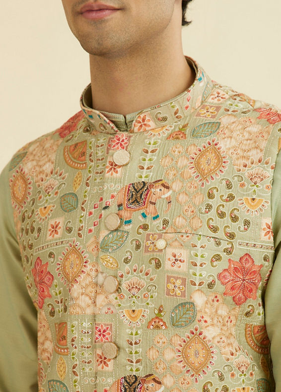 Manyavar Men Elegant Pista Green Nehru Jacket