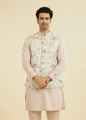 Manyavar Men Cream Satin Nehru Jacket