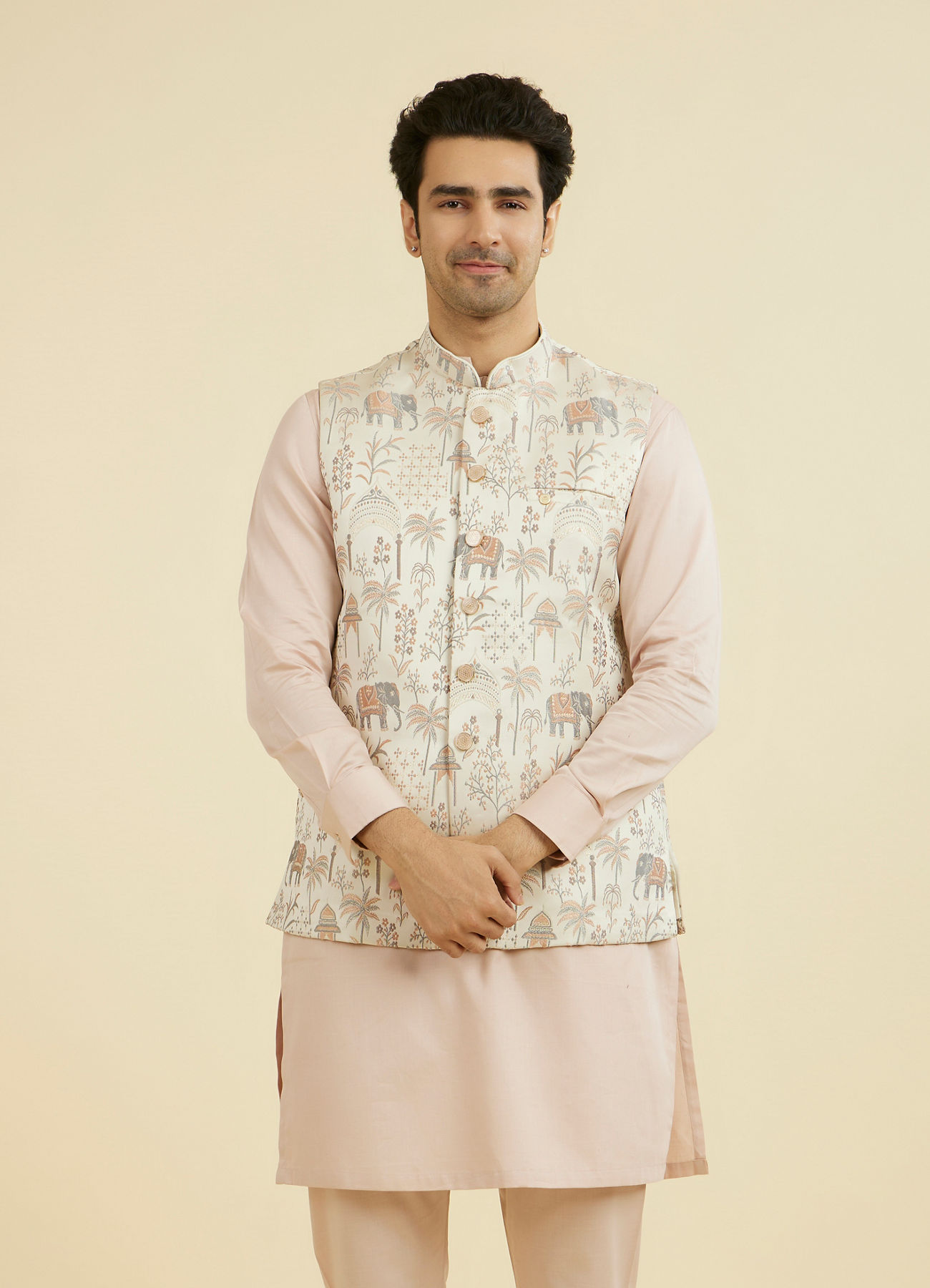 Manyavar Men Cream Satin Nehru Jacket