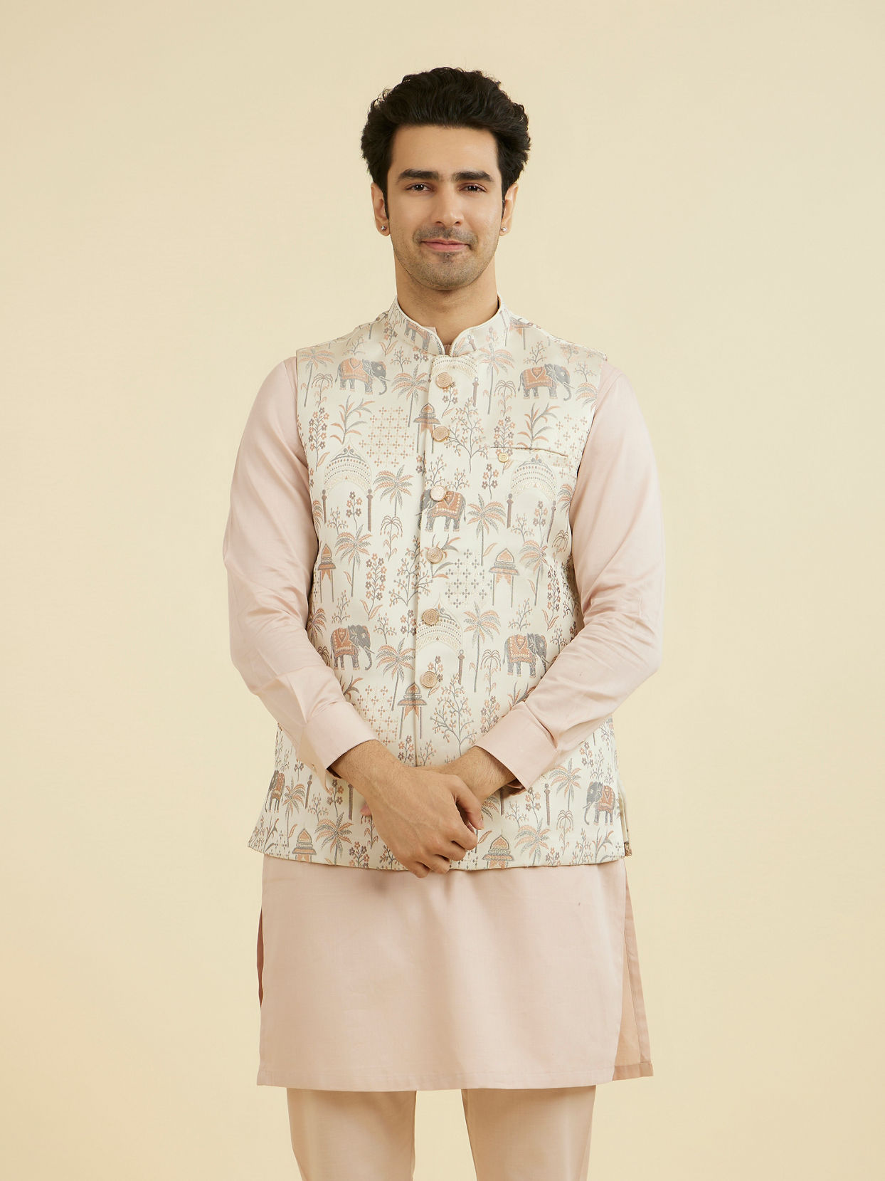 Manyavar Men Cream Satin Nehru Jacket