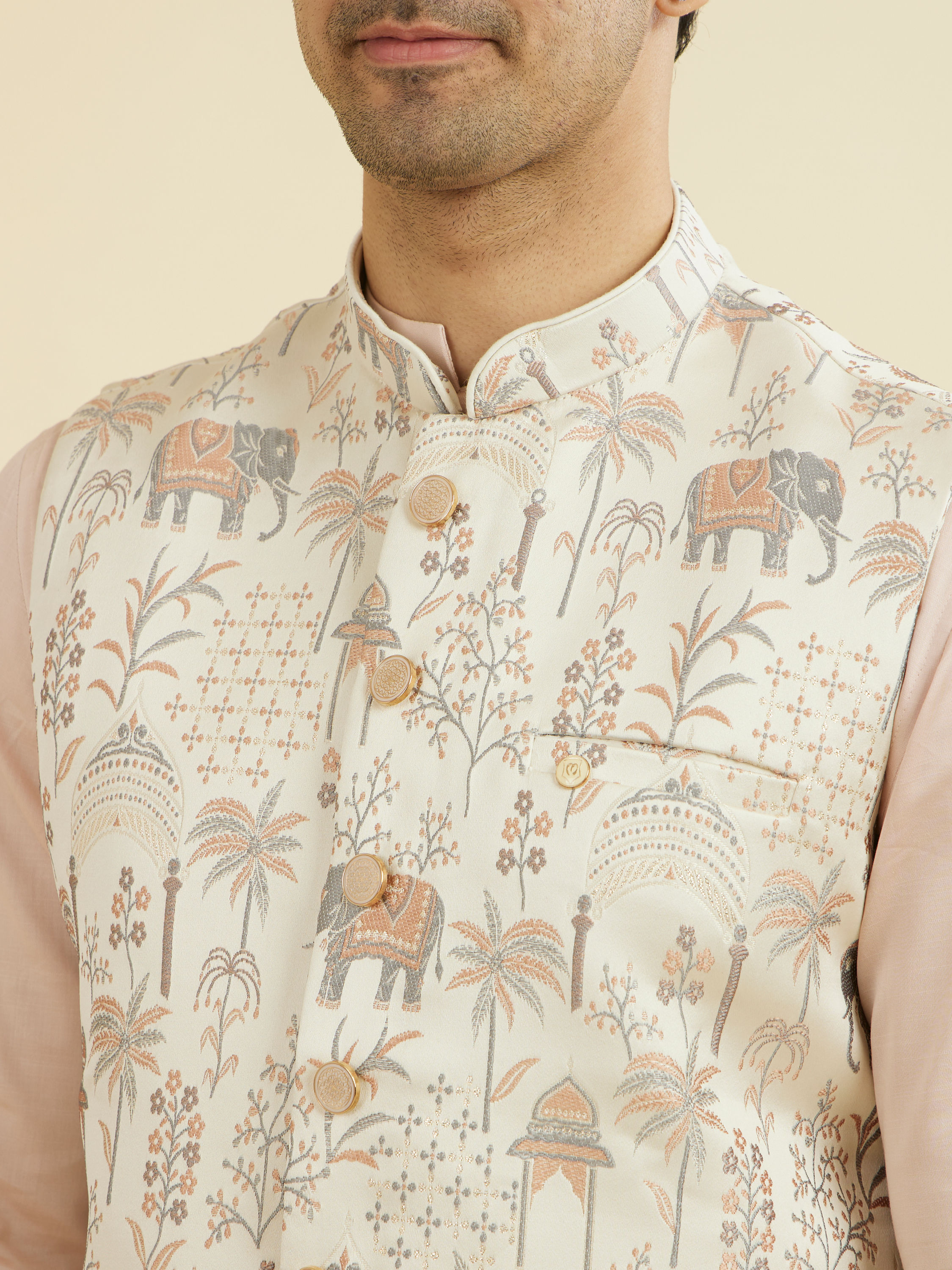 Manyavar Men Cream Satin Nehru Jacket