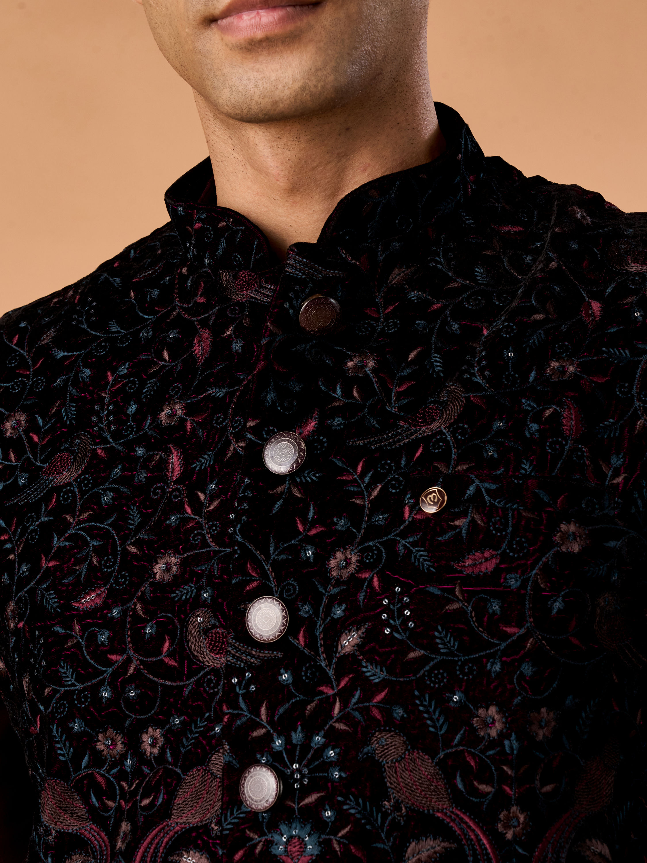 Manyavar Men Velvety Wine Nehru Jacket