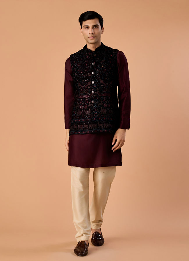 Manyavar Men Velvety Wine Nehru Jacket