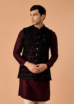 Manyavar Men Velvety Wine Nehru Jacket