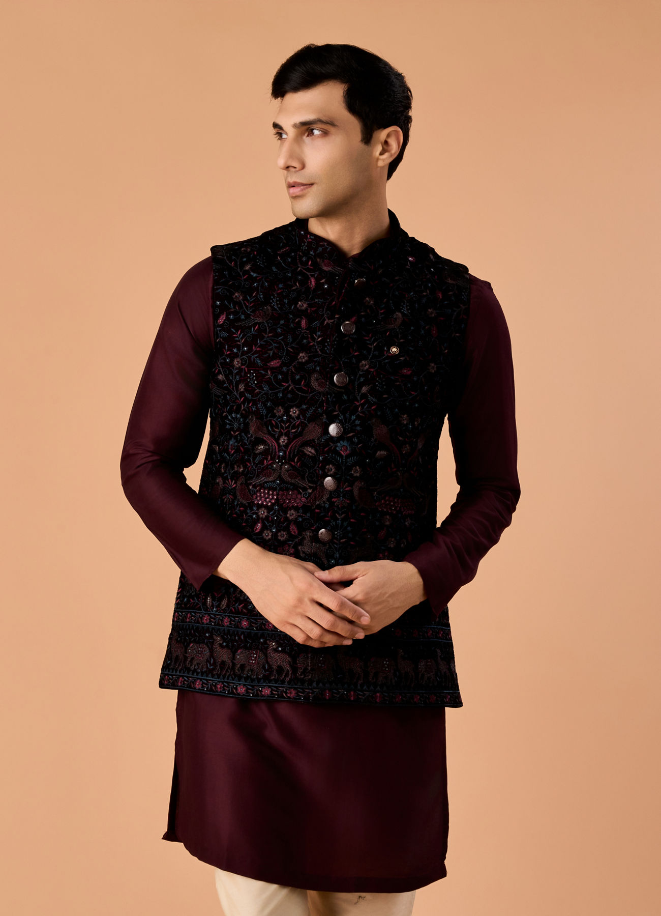 Manyavar Men Velvety Wine Nehru Jacket