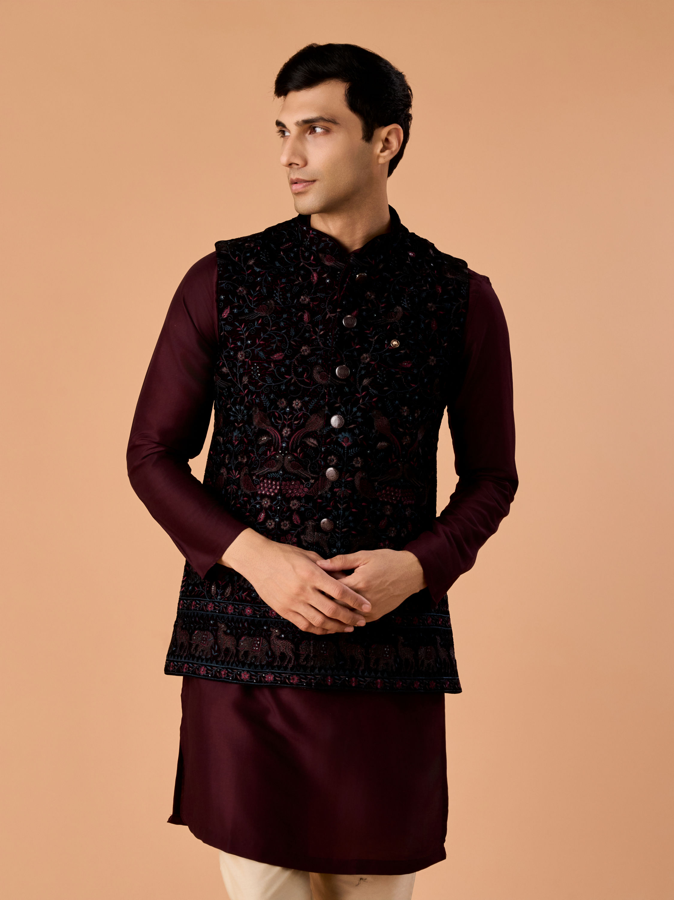 Manyavar Men Velvety Wine Nehru Jacket