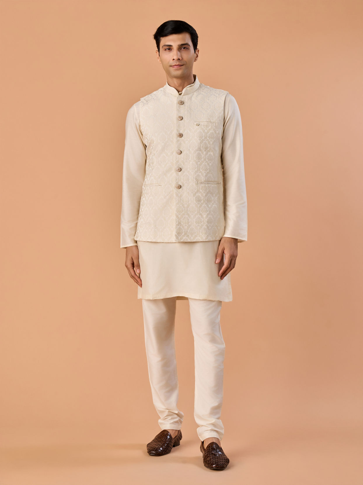 Manyavar Men Majestic Cream Nehru Jacket