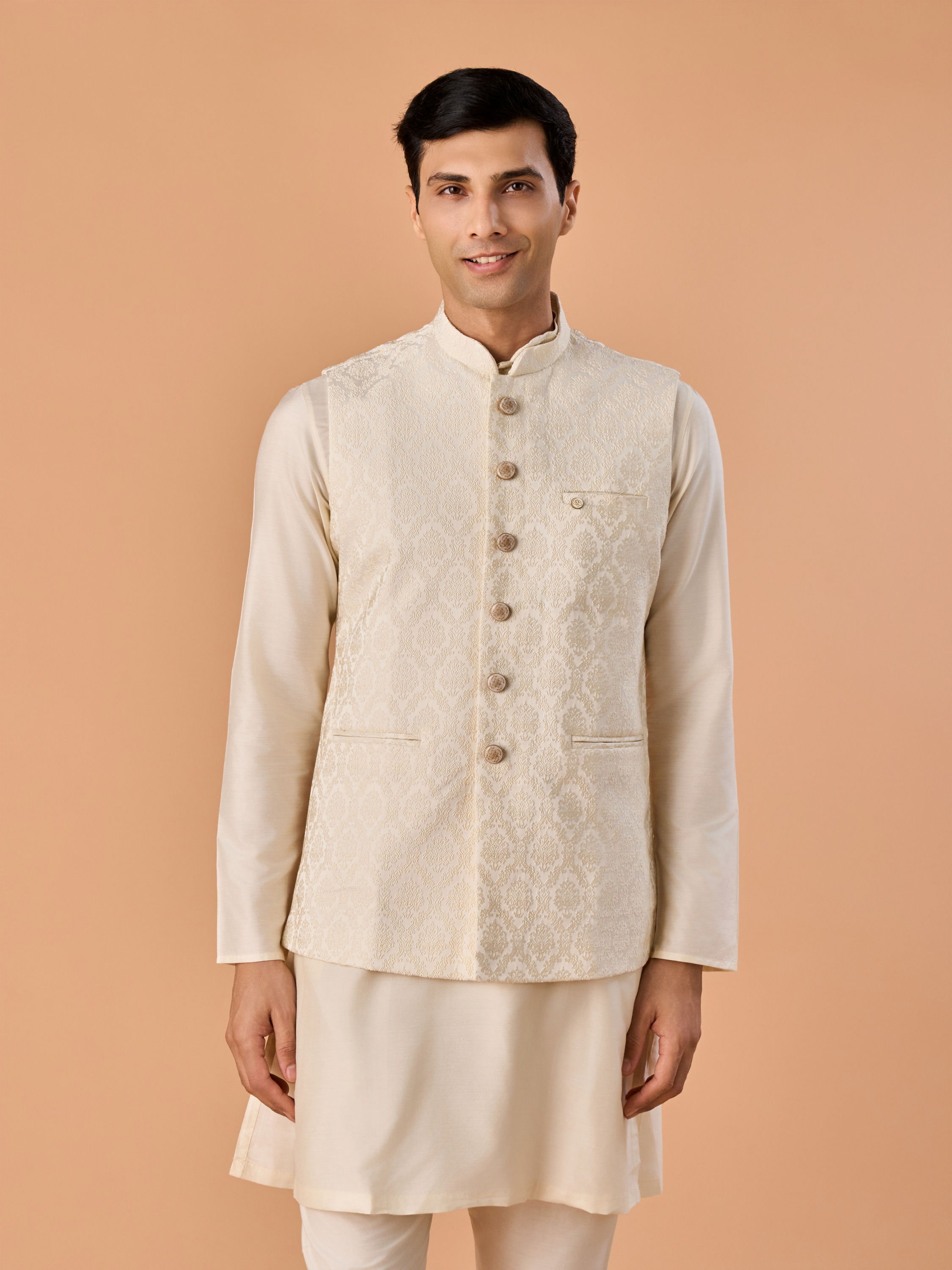 Manyavar Men Majestic Cream Nehru Jacket