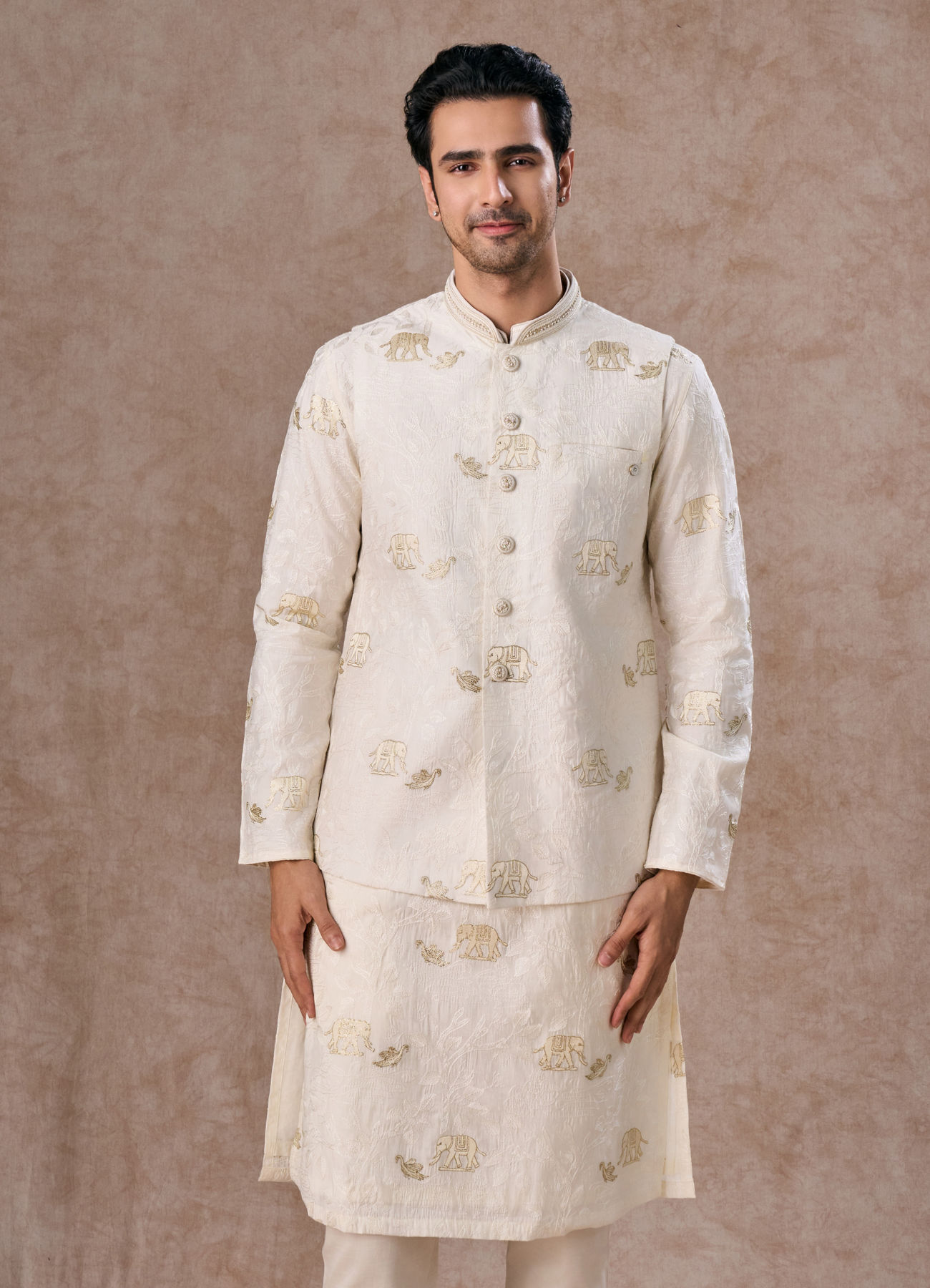 Manyavar Men Warm White Elegance Nehru Jacket