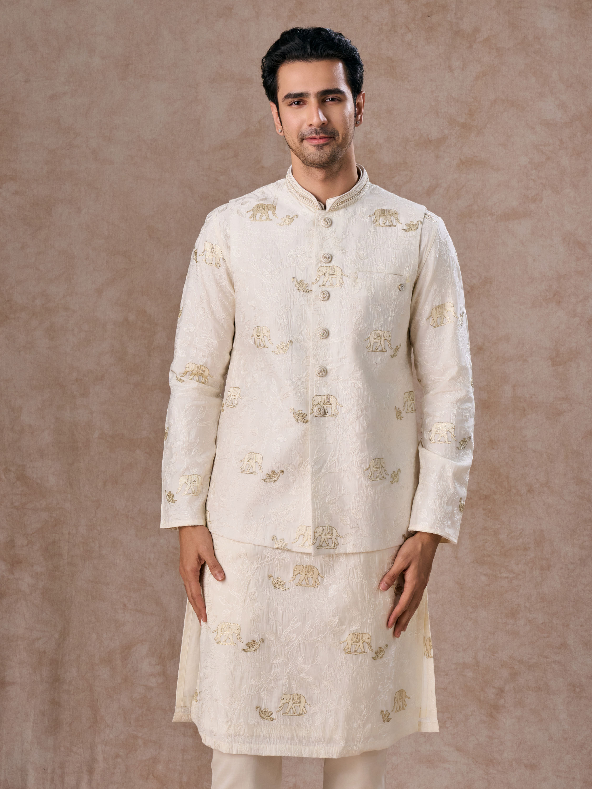 Manyavar Men Warm White Elegance Nehru Jacket