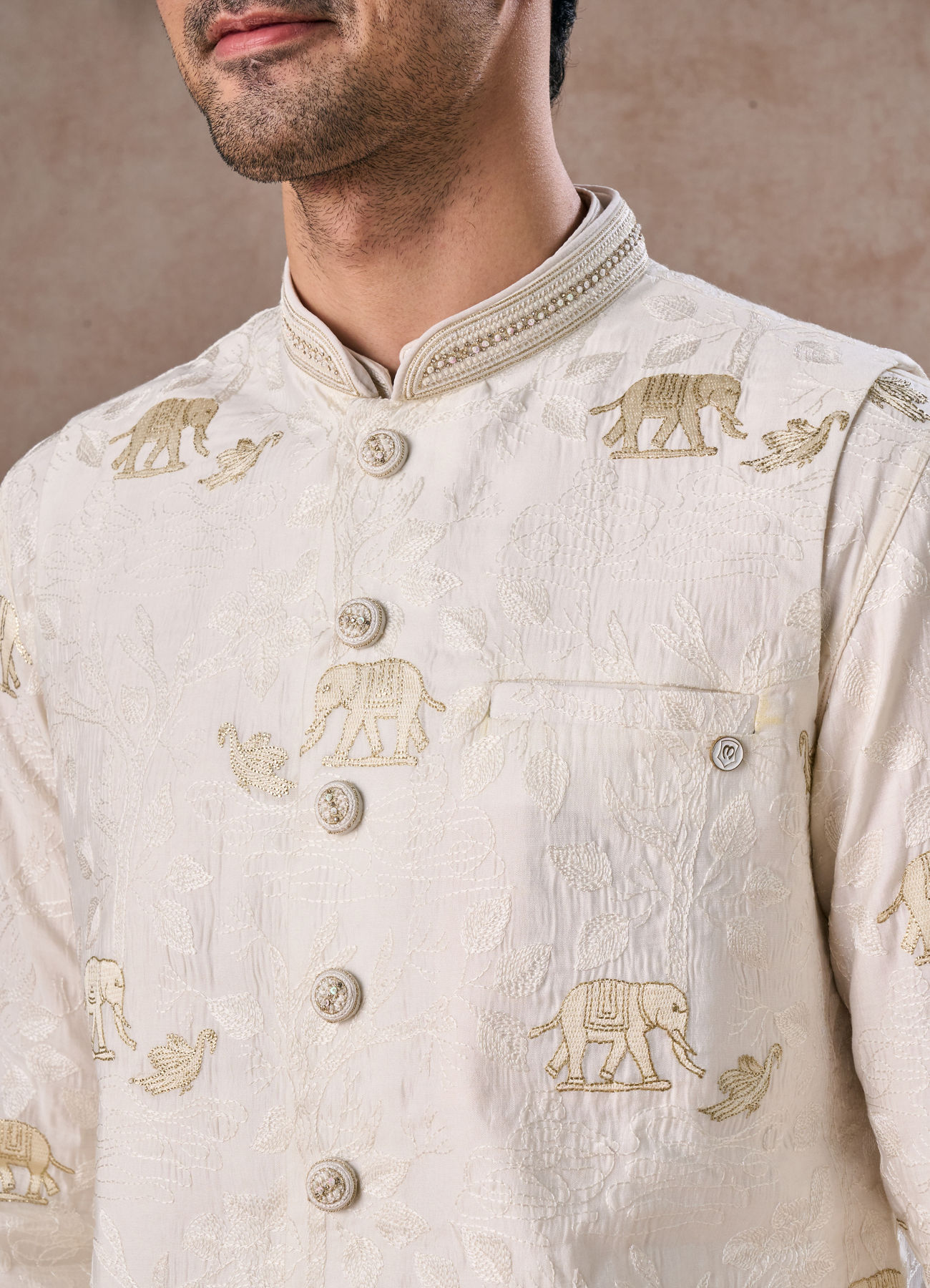 Manyavar Men Warm White Elegance Nehru Jacket