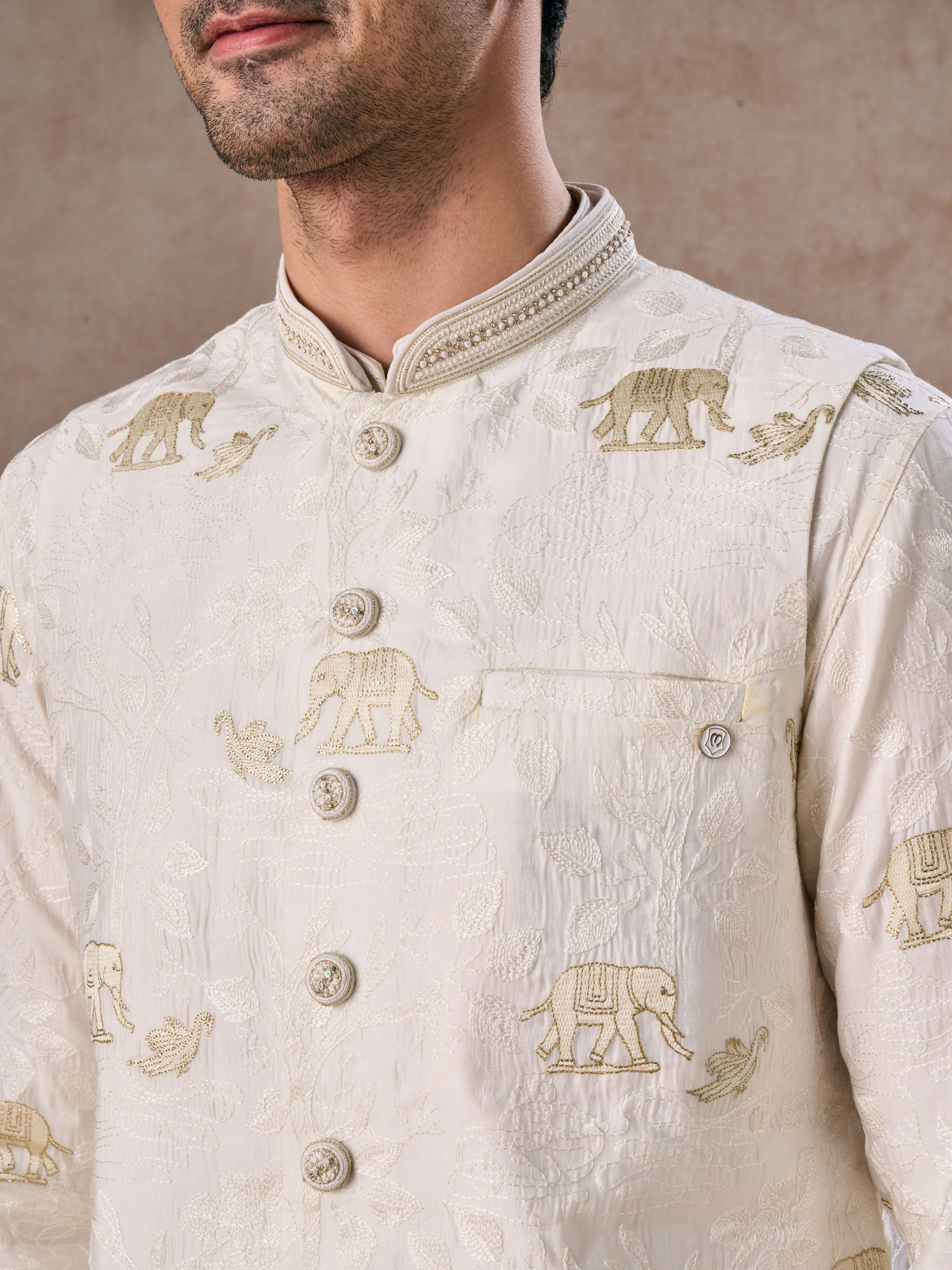 Manyavar Men Warm White Elegance Nehru Jacket