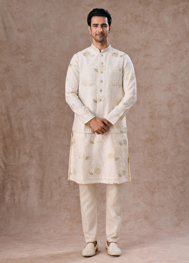 Manyavar Men Warm White Elegance Nehru Jacket