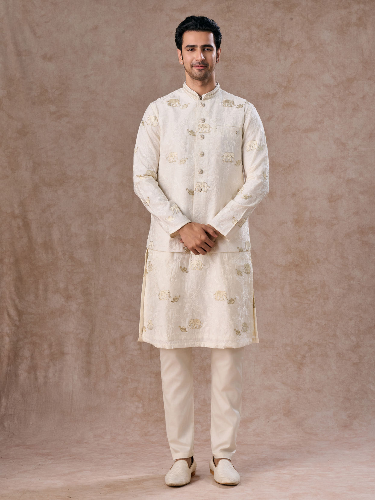Manyavar Men Warm White Elegance Nehru Jacket