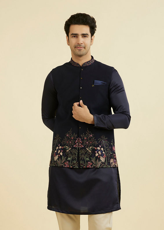 Manyavar Men Elegant Dark Blue Nehru Jacket