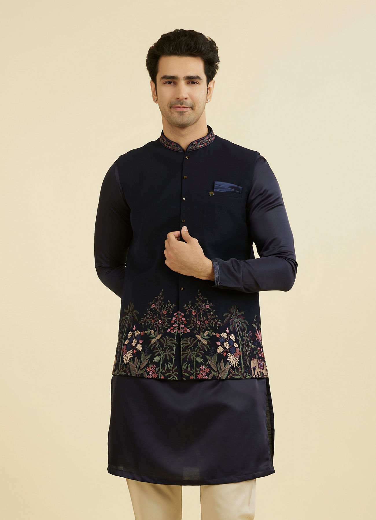 Manyavar Men Elegant Dark Blue Nehru Jacket