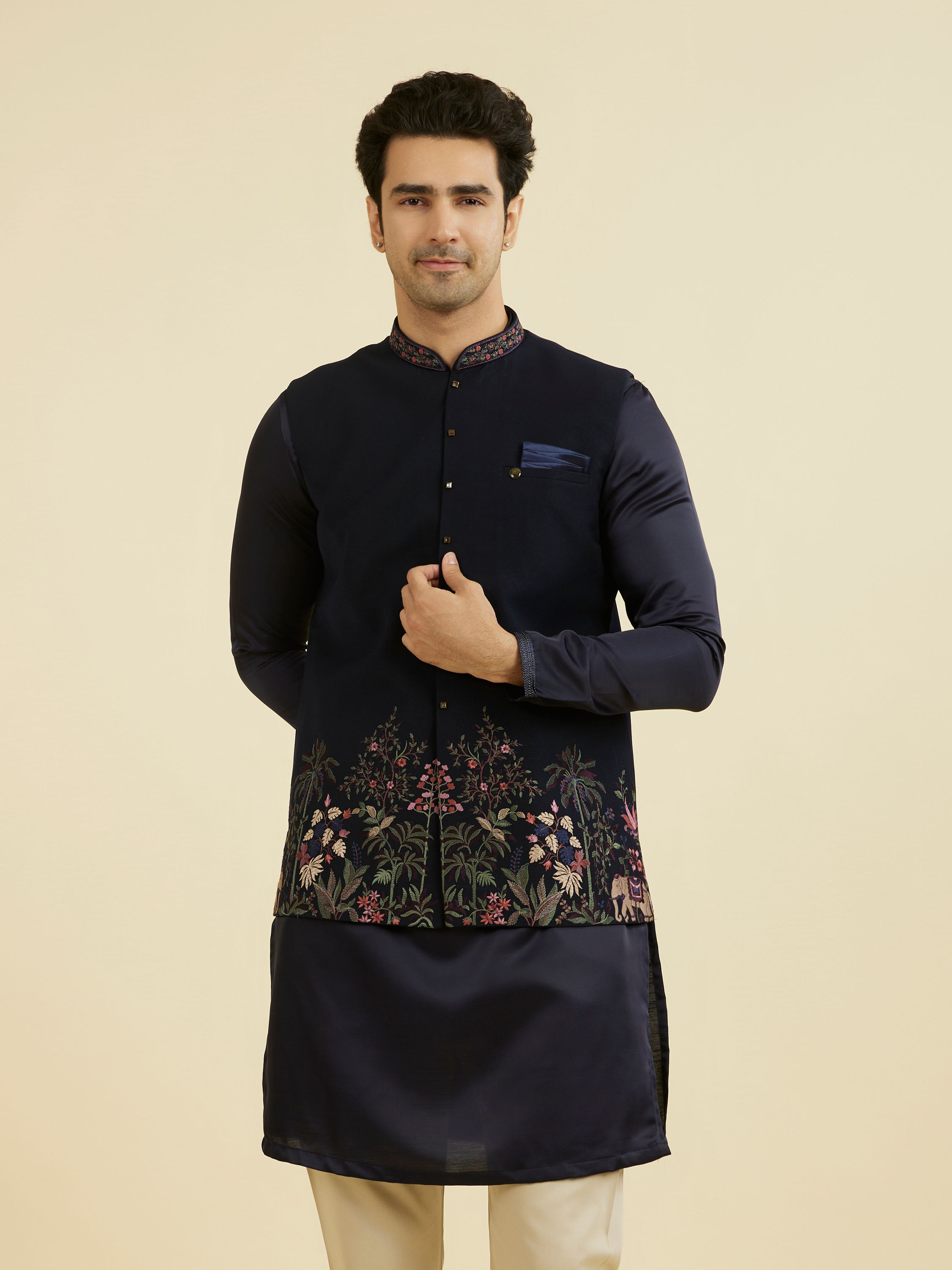 Manyavar Men Elegant Dark Blue Nehru Jacket