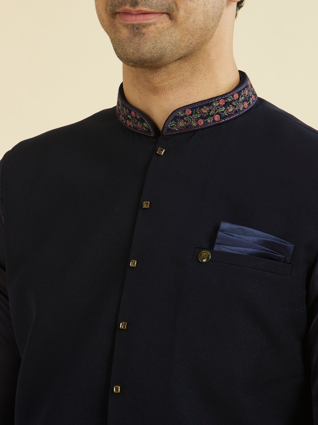 Manyavar Men Elegant Dark Blue Nehru Jacket