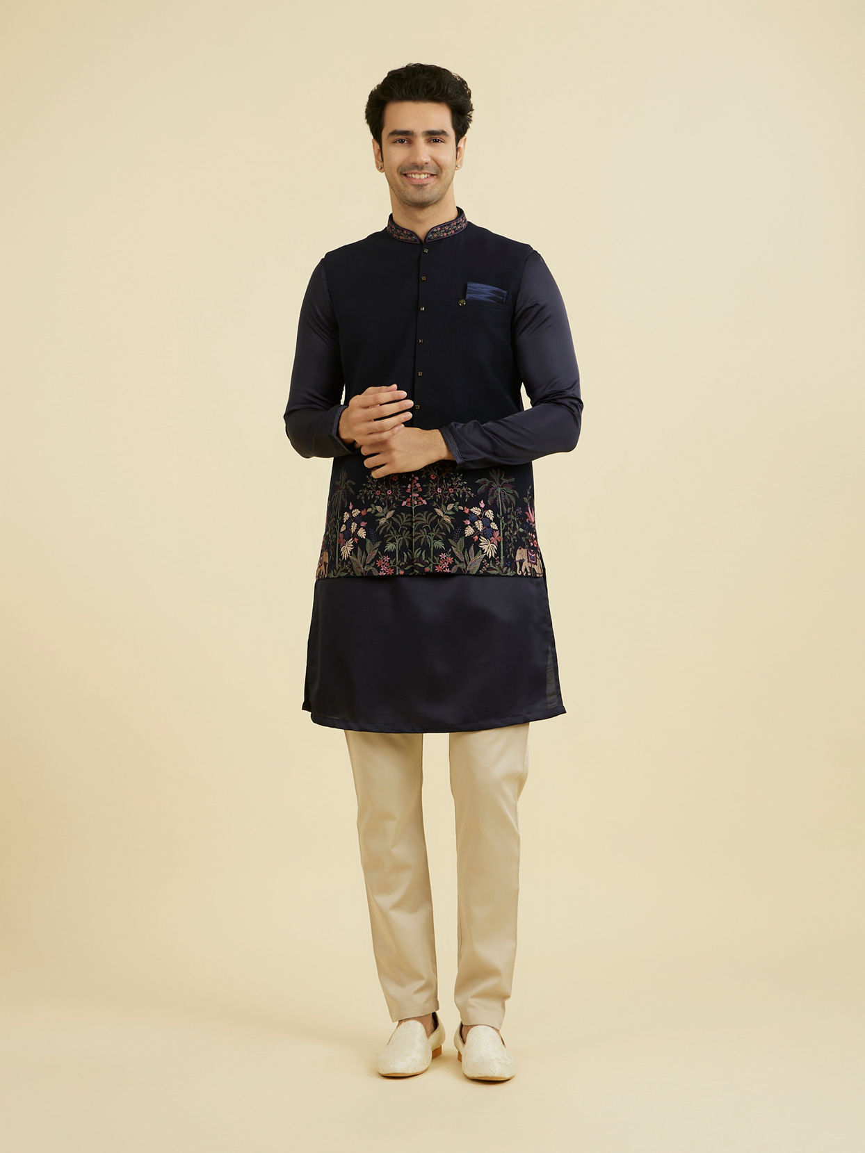 Manyavar Men Elegant Dark Blue Nehru Jacket