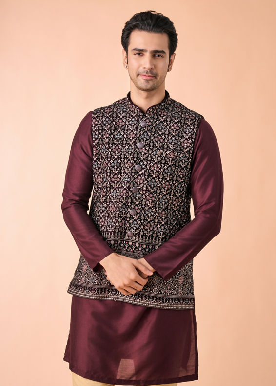 Manyavar Men Purple Velvet Elegance Nehru Jacket