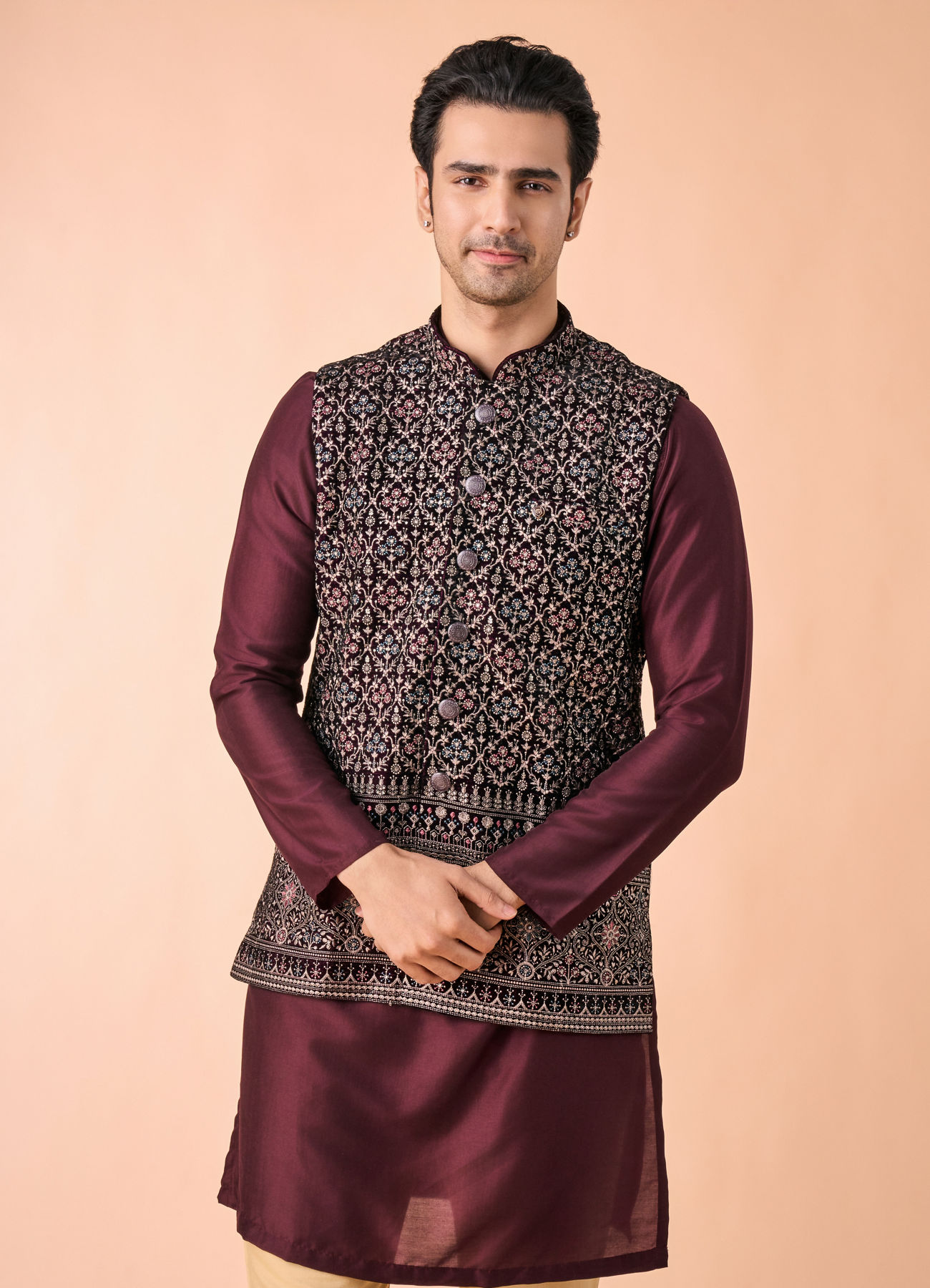 Manyavar Men Purple Velvet Elegance Nehru Jacket
