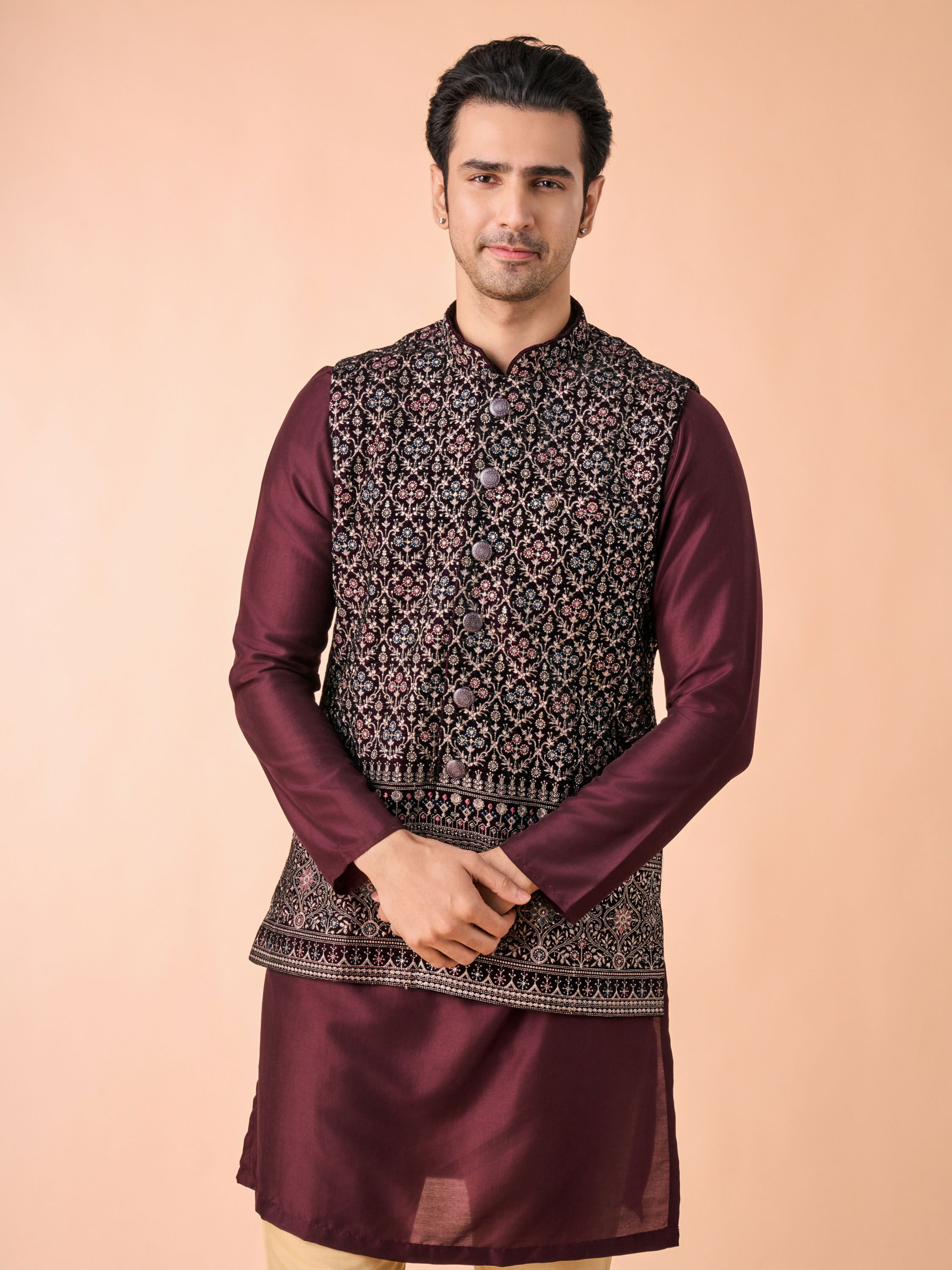 Manyavar Men Purple Velvet Elegance Nehru Jacket