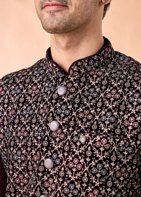 Manyavar Men Purple Velvet Elegance Nehru Jacket