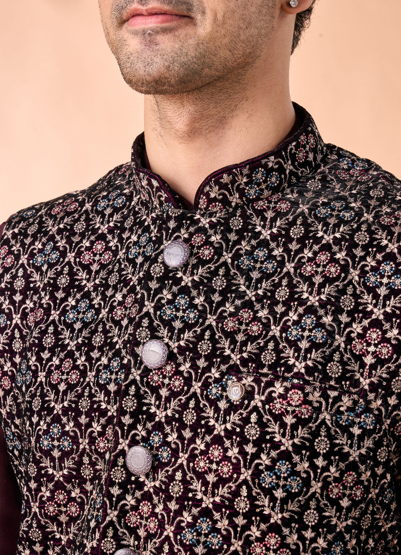 Manyavar Men Purple Velvet Elegance Nehru Jacket