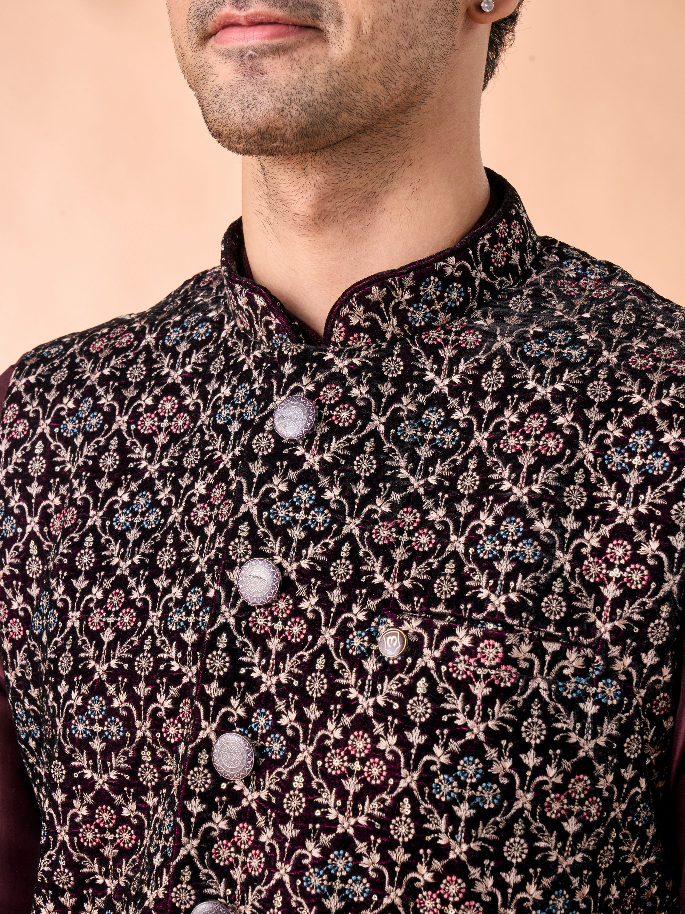 Manyavar Men Purple Velvet Elegance Nehru Jacket