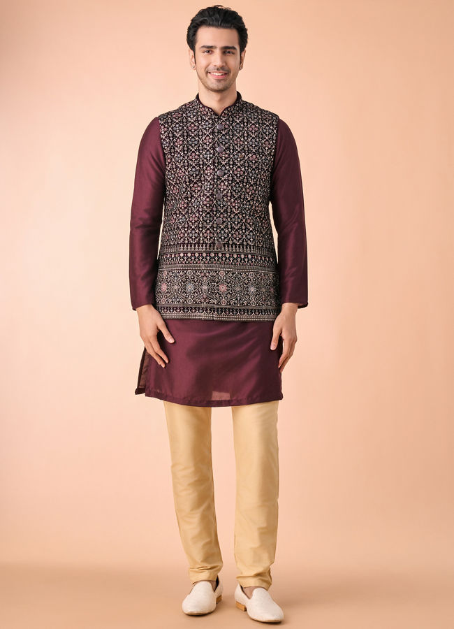 Manyavar Men Purple Velvet Elegance Nehru Jacket