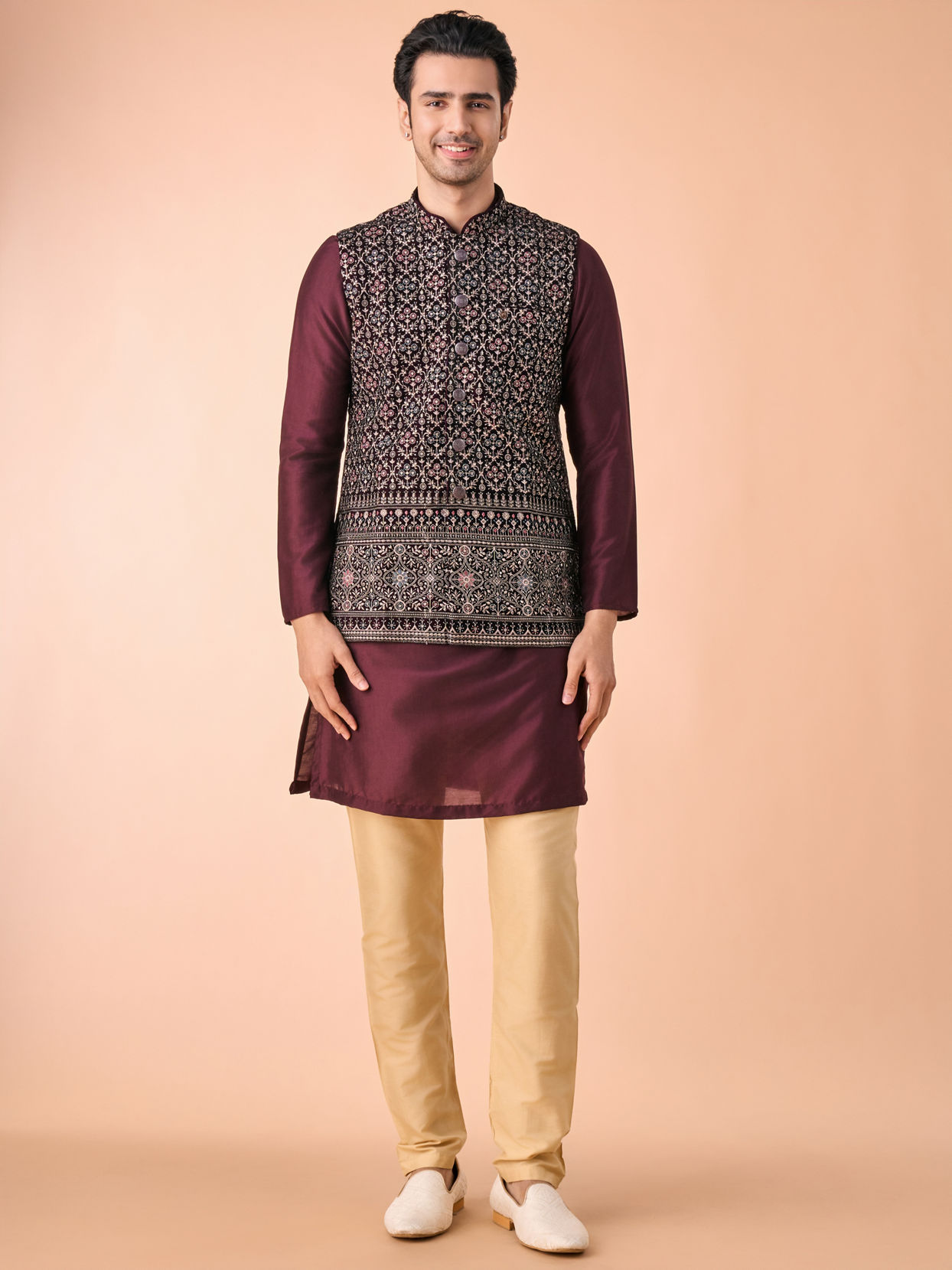 Manyavar Men Purple Velvet Elegance Nehru Jacket
