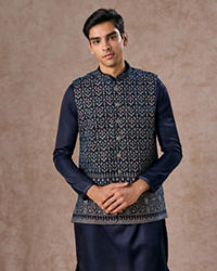 Manyavar Men Elegant Teal Blue Velvet Nehru Jacket