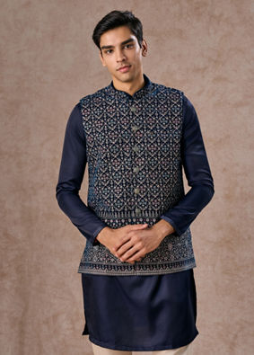 Manyavar Men Elegant Teal Blue Velvet Nehru Jacket