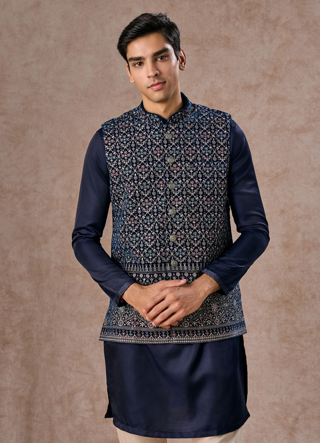 Manyavar Men Elegant Teal Blue Velvet Nehru Jacket