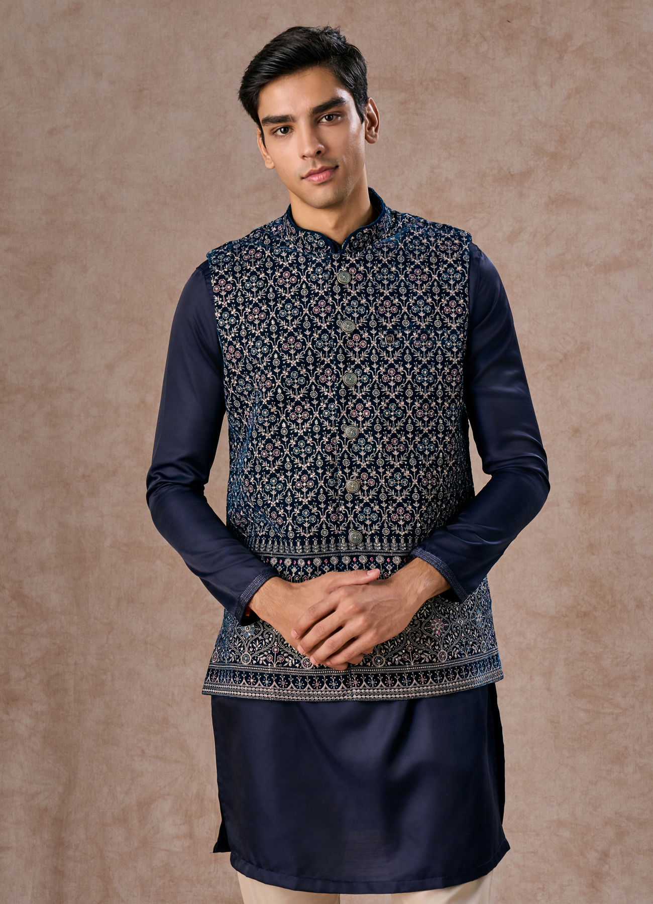 Manyavar Men Elegant Teal Blue Velvet Nehru Jacket
