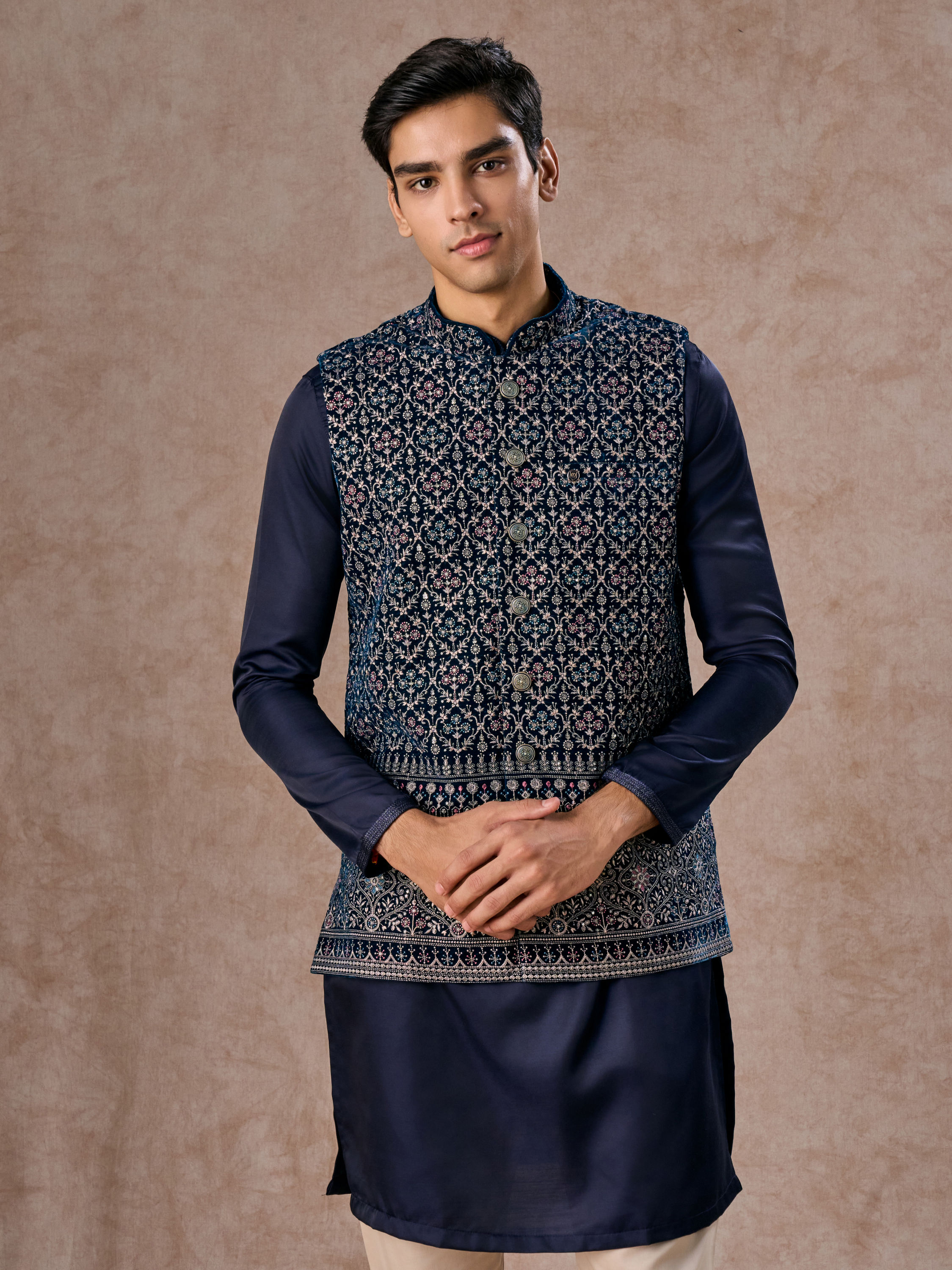 Manyavar Men Elegant Teal Blue Velvet Nehru Jacket