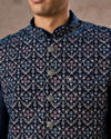 Manyavar Men Elegant Teal Blue Velvet Nehru Jacket